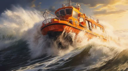  Orange rescue or coast guard patrol boat industrial vessel in blue sea ocean water. Rescue operation in stormy sea © darkhairedblond