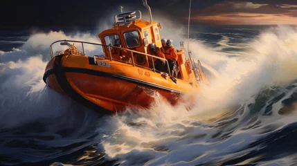 Fotobehang Orange rescue or coast guard patrol boat industrial vessel in blue sea ocean water. Rescue operation in stormy sea © darkhairedblond