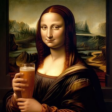 Mona Lisa's Fun Adventure: Caricature with Beer and Laughter, mona lisa bebendo cerveja, generative ai