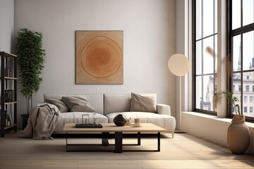 a mock-up area where you can display your product with a blurred modern minimalist living room d�cor in the background.