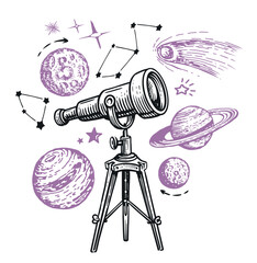 Telescope watching at the stars and planets. Astronomy, space exploration concept. Sketch vector illustration - obrazy, fototapety, plakaty