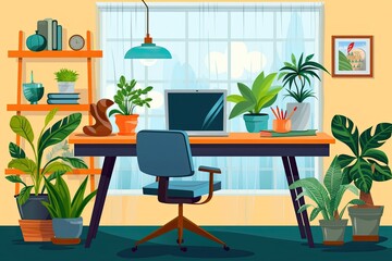 Home office desk with laptop and plants on it.