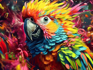 Conceptual digital art of crazy parrot in rich colors. Crazy little parrot realistic style in detailed portrait and colorful background. Cartoon style of parrot. Generative AI