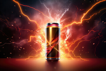Creative concept banner to advertise an energy drink in an aluminum can. Energy drink with lightning and flashes, symbols of energy. 3d render illustration style. - obrazy, fototapety, plakaty