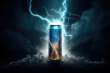 Foto op Plexiglas Creative concept banner to advertise an energy drink in an aluminum can. Energy drink with lightning and flashes, symbols of energy. 3d render illustration style. © SnowElf