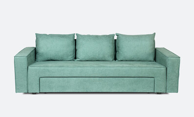 Light emerald Scandinavian style contemporary sofa on white background with modern and minimal furniture design for stylish living room