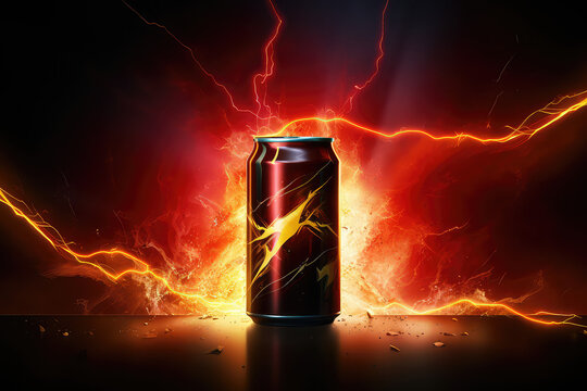 Creative concept banner to advertise an energy drink in an aluminum can. Energy drink with lightning and flashes, symbols of energy. 3d render illustration style.