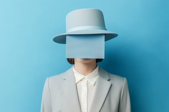 illustration of faceless woman in suit hat with face covered with blank sheet of paper. Mental health psychology identity women's rights concept