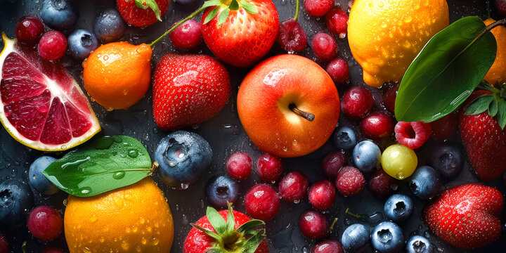 Mix berries and fruits. Berries and fruits background. Ripe strawberries, cherries, apricots red currants and peaches. Various fresh summer. Ai generated.