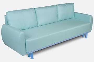 side view of a classic turquoise fabric sofa on wooden legs on a white background with clipping path. Furniture series