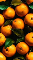 fresh orange fruits with leaves as background, top view. Ai generated.