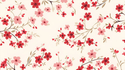 Vintage floral background. Seamless  pattern for design and fashion prints. Floral pattern with small pink and red flowers on a light background. AI generation