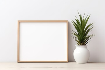 Fototapeta na wymiar Empty frame mockup in modern minimalist interior with plant in trendy vase on white wall background.