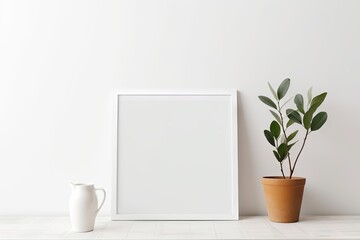 Empty frame mockup in modern minimalist interior with plant in trendy vase on white wall background.
