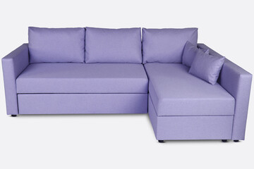 light purple fabric angular sofa on dark wooden legs isolated on white background. Series of...
