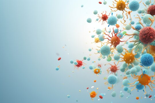 Abstract bacteria, probiotics, gram positive bacteria bacteria and viruses of various shapes against a light background.