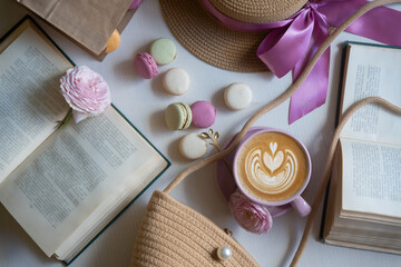 Still life tea, coffee and pink beautiful roses, tenderness and beauty.