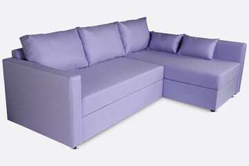 Side view of light purple fabric angular sofa on dark wooden legs isolated on white background....