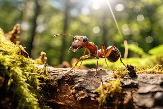 A close-up macro view of an ant in a forest.