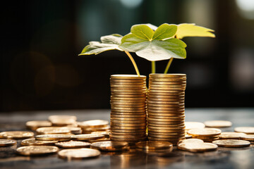 Plant seedlings on the coins stack isolated on white background - obrazy, fototapety, plakaty