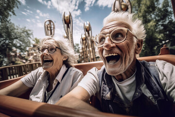 Generative AI image of happy elderly couple having fun and enjoying time together while riding on roller coaster