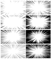 Black and white radial comics style lines isolated on transparent background. Manga action, speed abstract. Vector illustration.Comic book black and white radial lines background Rectangle fig.