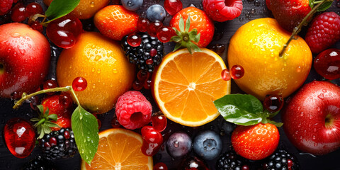 Mix berries and fruits. Berries and fruits background. Ripe strawberries, cherries, apricots red currants and peaches. Various fresh summer. Ai generated.