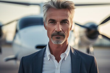 Generative AI illustration portrait of senior bearded man in formal suit standing on parking lot against modern airplane in daylight