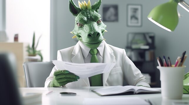 a green dragon in the form of boss at work sits with white papers sits at the desk