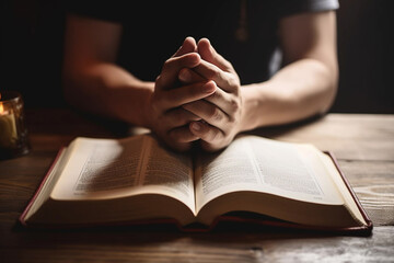 Generative AI illustration of crop anonymous person in dark cloth praying with clasped hand over sacral book on wooden table in dark room