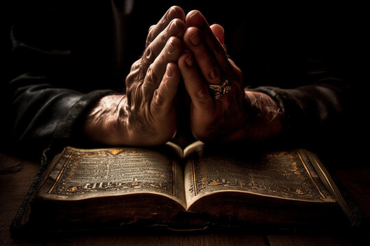 Generative AI Illustration Of Crop Anonymous Person In Dark Cloth Praying With Clasped Hand With Ring Over Sacral Book On Wooden Table In Dark Room