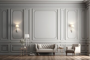 Mockup of a traditional interior space with traditional wall molding and traditional furniture.