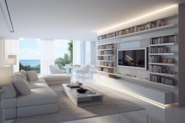 Interior design concept of a contemporary white living room for a boutique hotel or apartment display
