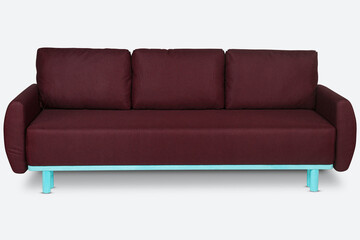 Three seats cozy modern designed sofa with burgundy color fabric on wooden turquoise legs isolated on white background