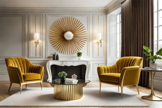 Luxury premium living room with two yellow mustard armchairs and a golden brass table. Painted accent empty wall for art. Dark room interior design. Mockup space ivory beige brown color