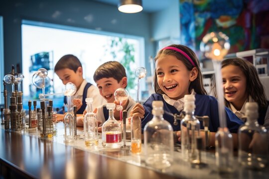 secondary school students girls and boys kids do experiments in chemistry