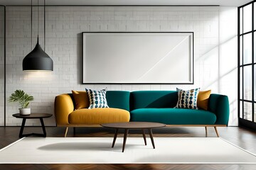 Horizontal Picture Frame Mockup Template with Big Sofa in Modern Minimalistic Living Room