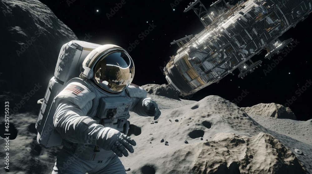 Poster astronaut in a spacesuit on an asteroid or planet moon in outer space. ai generated