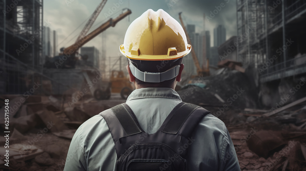 Poster a working man in a protective construction helmet. an engineer at a construction site controls the p