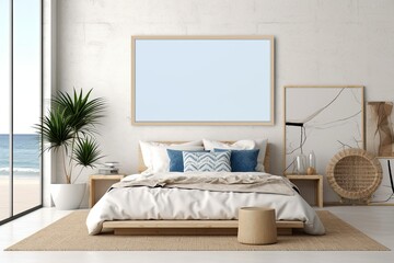 Coastal boho-style mockup frame on a bedroom's interior background ,