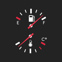 Fuel and temperature gauge in flat style. Gasoline manometer and and the engine heating indicator. Vector EPS 10.