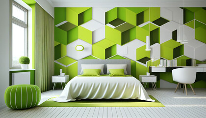 Interior of a bedroom with futuristic green wall, comfortable king-size bed with white bedside tables 