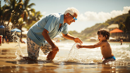 Grandfather and grandchildren playing at the beach - Avô e netos brincando na praia - obrazy, fototapety, plakaty