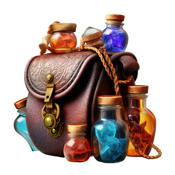 Mysterious potions in an alchemists bag. isolated object, transparent background