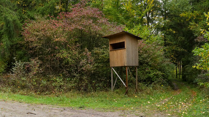 Wooden hunter's perch in the forest