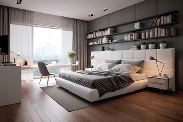 Interior of a bedroom with a wooden floor and walls made of white and gray brick. A home office area with a computer desk and bookcases is located next to the double white and gray bed. mock-up in