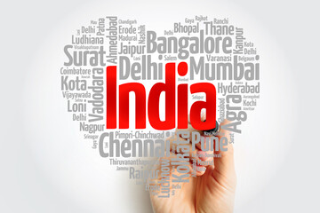 List of cities and towns in India composed in love sign heart shape, word cloud collage, business...