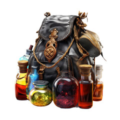 Mythical potions in a sorcerers knapsack. isolated object, transparent background