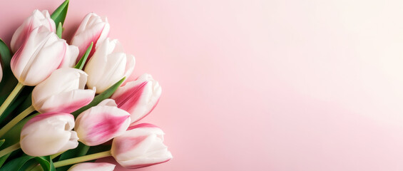 Banner with Bouquet of pink and white tulips closeup on pink background.Mothers day,Valentines Day,Birthday celebration concept. Greeting card.Copy space for text,top view.Generated by AI