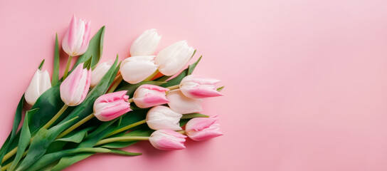 Banner with Bouquet of pink and white tulips closeup on pink background.Mothers day,Valentines Day,Birthday celebration concept. Greeting card.Copy space for text,top view.Generated by AI